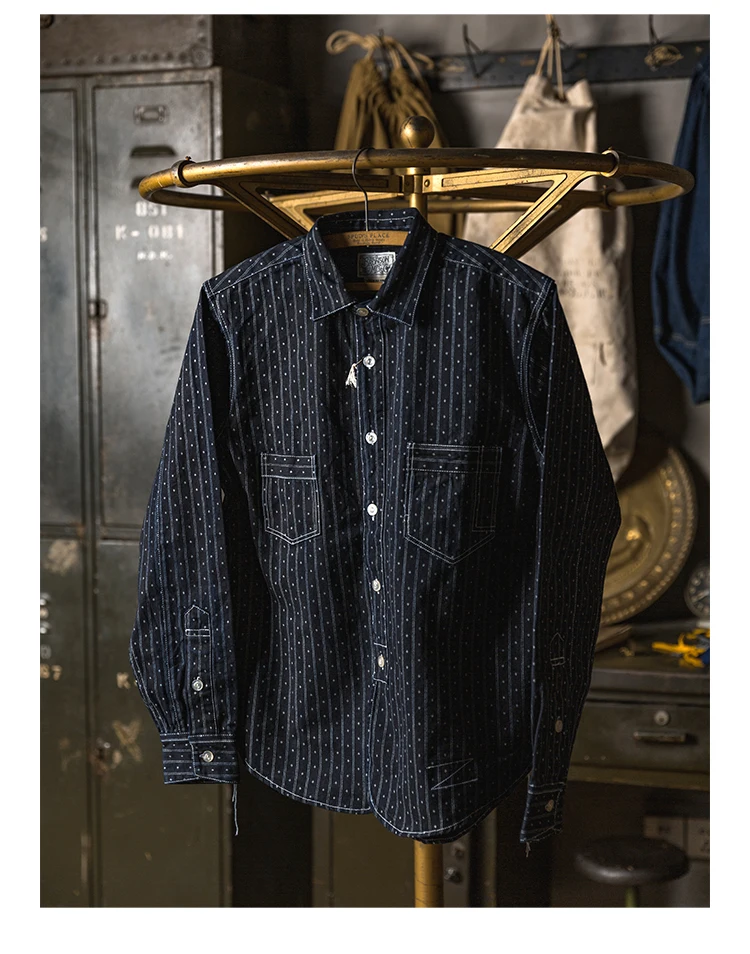 

Rugged Bronson 861 WABASH Blue-dye Print Selvage Indigo Shirt Slim-fit Long-sleeved Denim Shirt