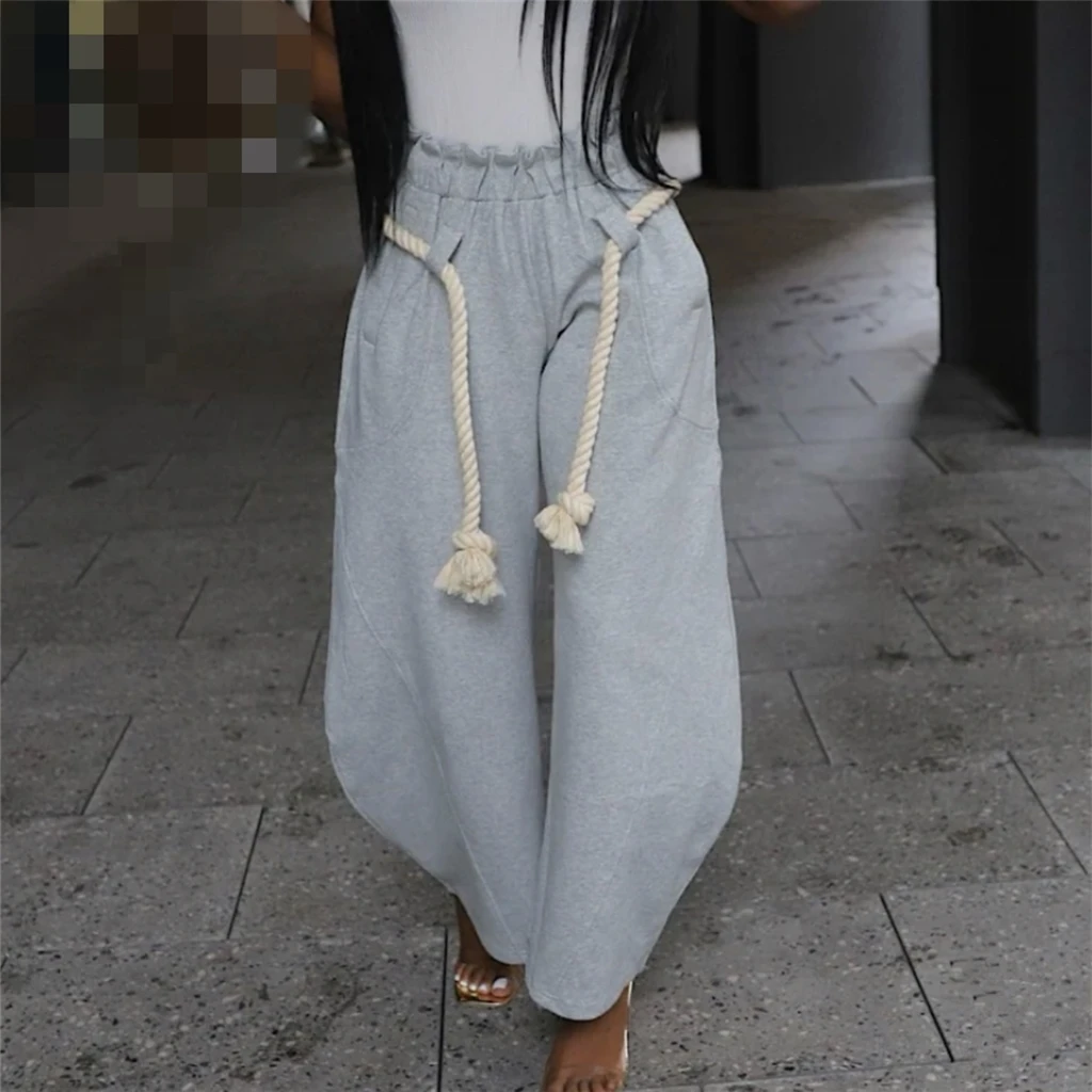 

Solid Color Unique Hip Hop Women Trousers With Belt Harem Loose High Waist Straight Casual Sports Wide Leg Jogger Sweat Pants