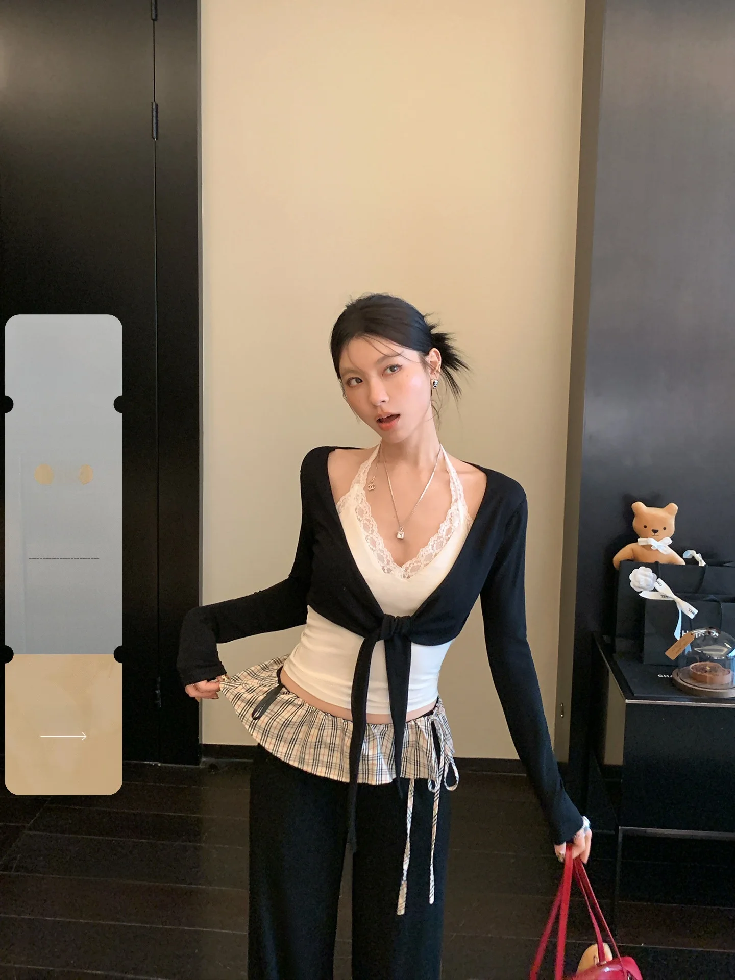 Conjunto de Top Corto de Encaje Negro y Pantalones Anchos LIONE, Estilo Casual, Cuello en V, Sin Mangas, Conjunto de Moda Femenina, Tejido de Punto con Mezcla de Algodón