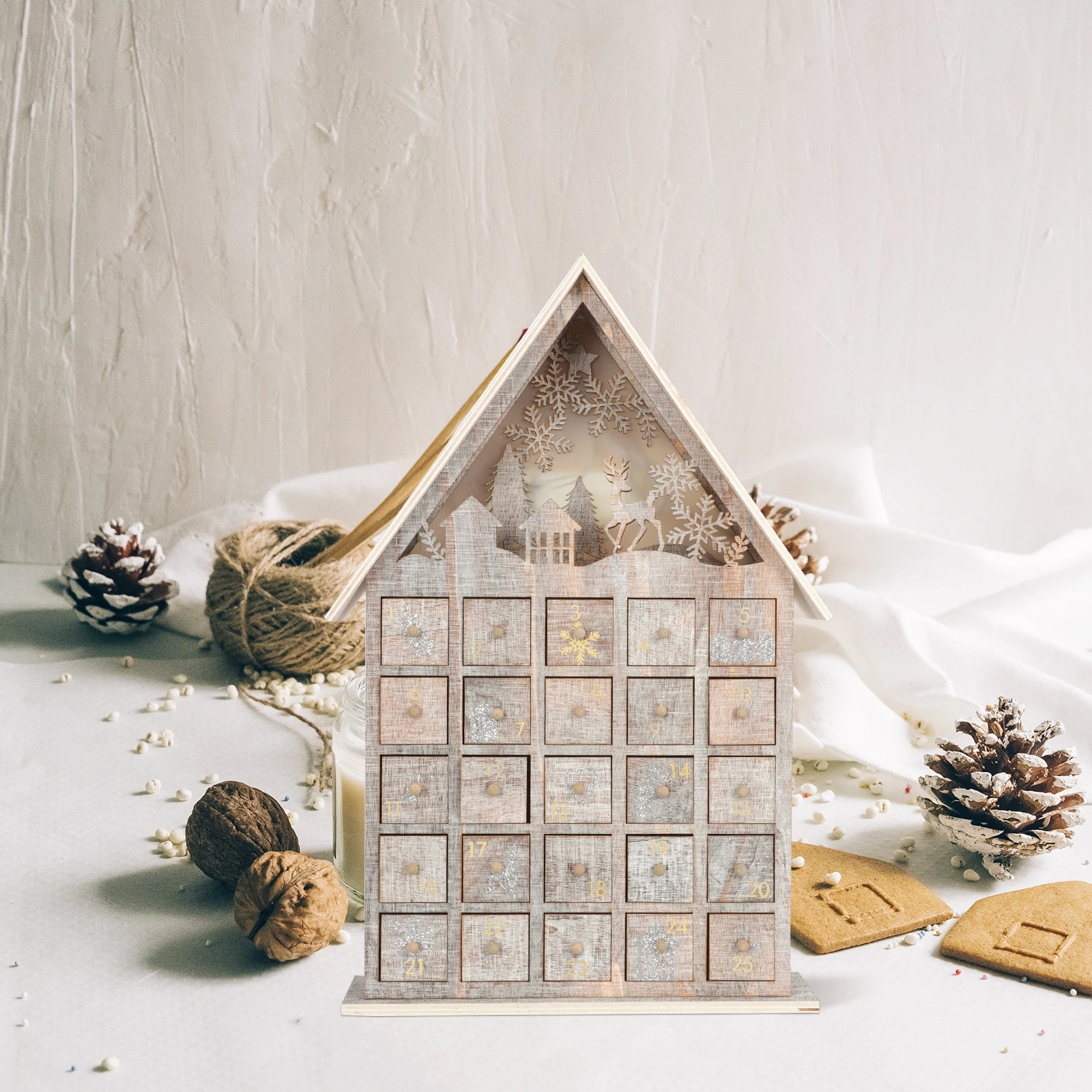 

1Pcs Wooden Calendar Ornament Festive Christmas Table Decor Carefully Carved Woodwork Xmas Luminous Adorn Home Shopping Mall