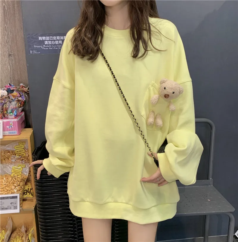 Women Loose Long Sleeve Sweatshirt Pocket Bear Thin Spring 2025 Summer Fashion Student Casual Outerwear Coat Korean Style Top
