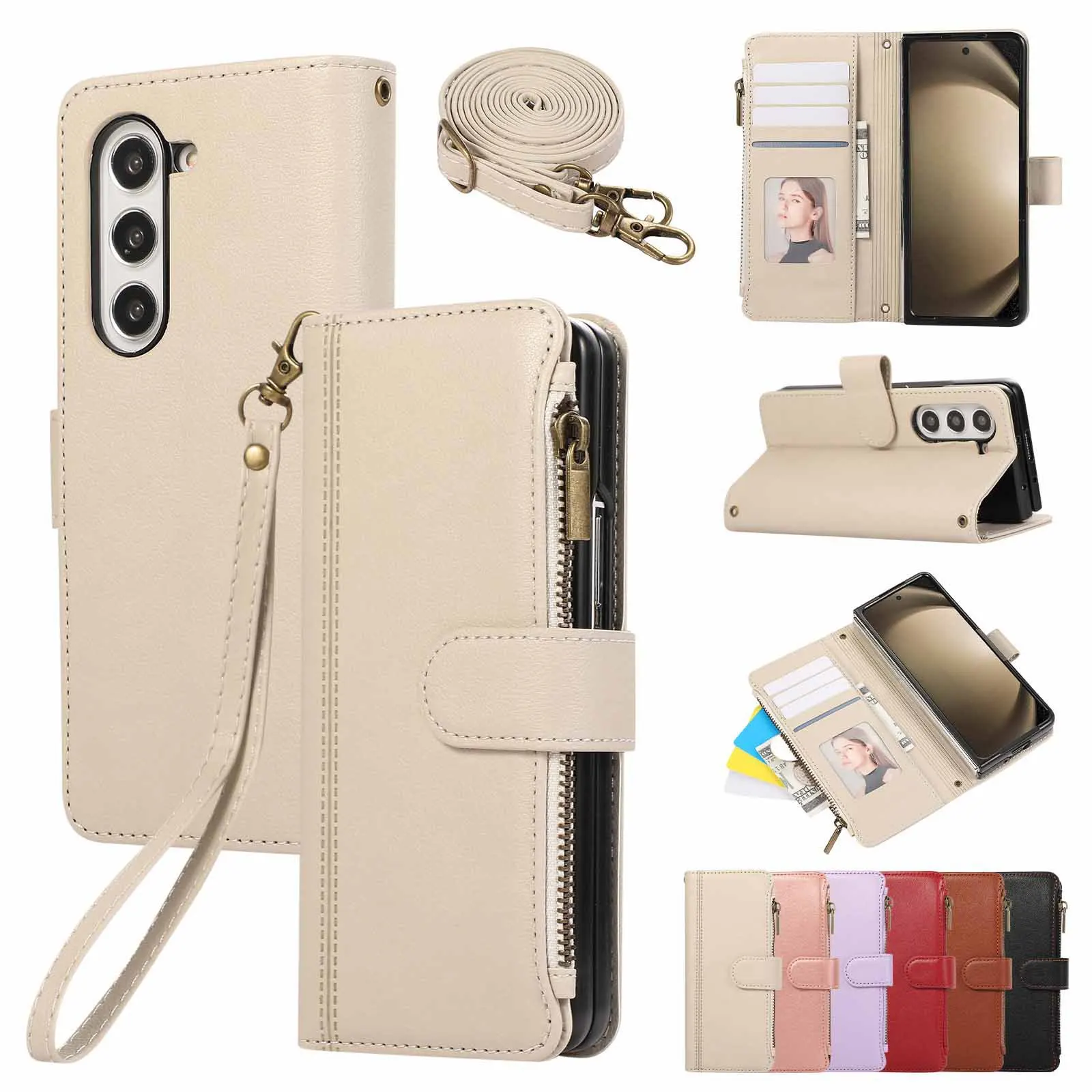 Suitable for Samsung Z Fold 4/5/6 zipper wallet phone cases for cross-body protection, multi-card holder Fold 7 flip cover