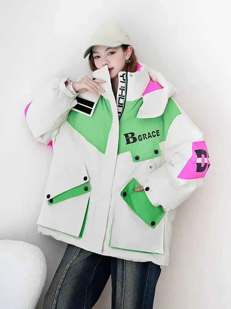 Duck Down Hooded Jacket for Women, Color Blocking Coat, Short Section, Warm, Casual, New Models, Fall, Winter, 2024