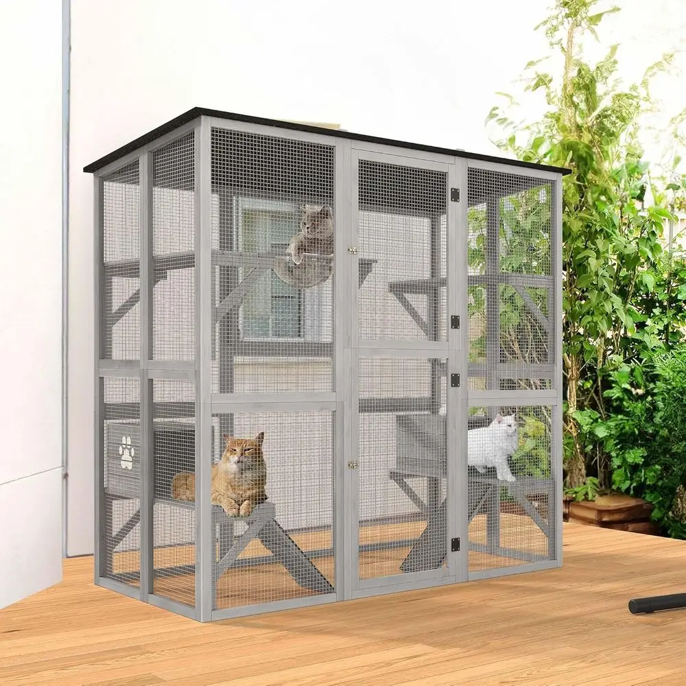 

Large Outdoor Wooden Cat Enclosure with Weatherproof Roof, Multi-Level Platforms & 2 Resting Boxes, 70.9 L x 38.2 W x 70.9 H
