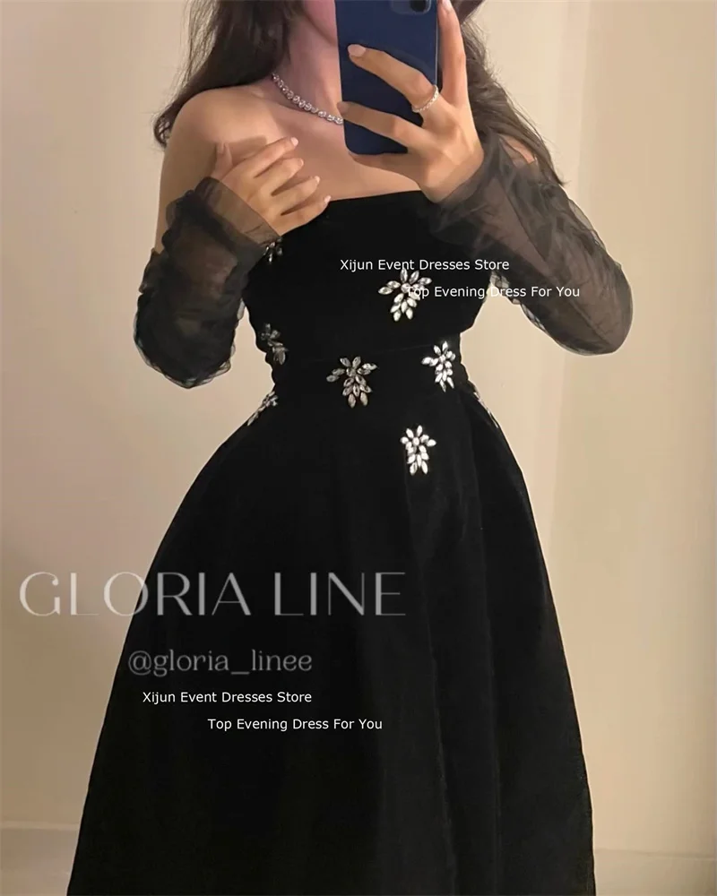 Xijun Black Velvet A-Line Evening Dresses Crystal Formal Saudi Arabric Prom Dresses Luxury Prom Gowns Party Dresses For Women