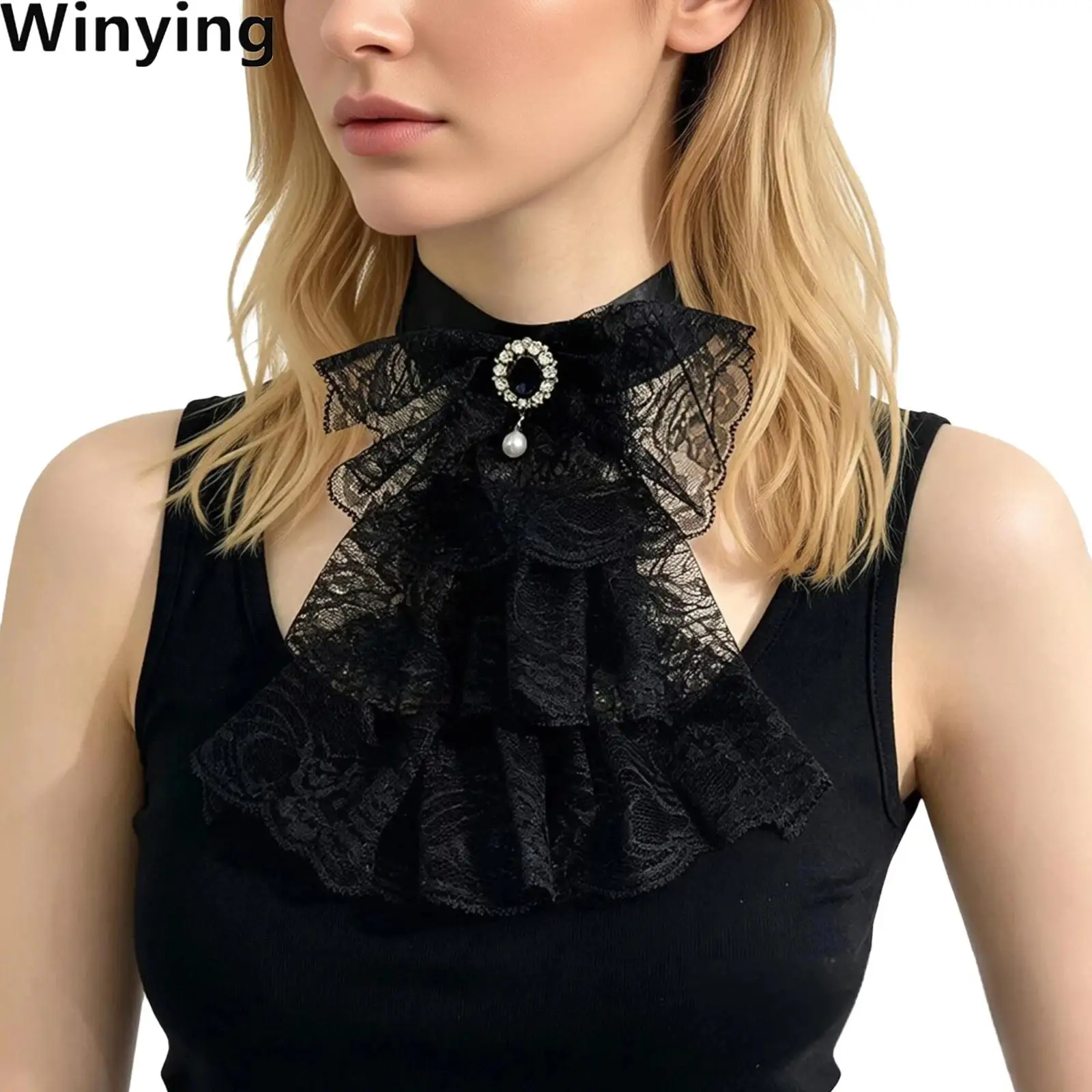 

Women Victorian Vintage Lace Fake Collar with Gem Decor Multi-layer Lace Ruffles Collar Detachable Necktie for Cosplay