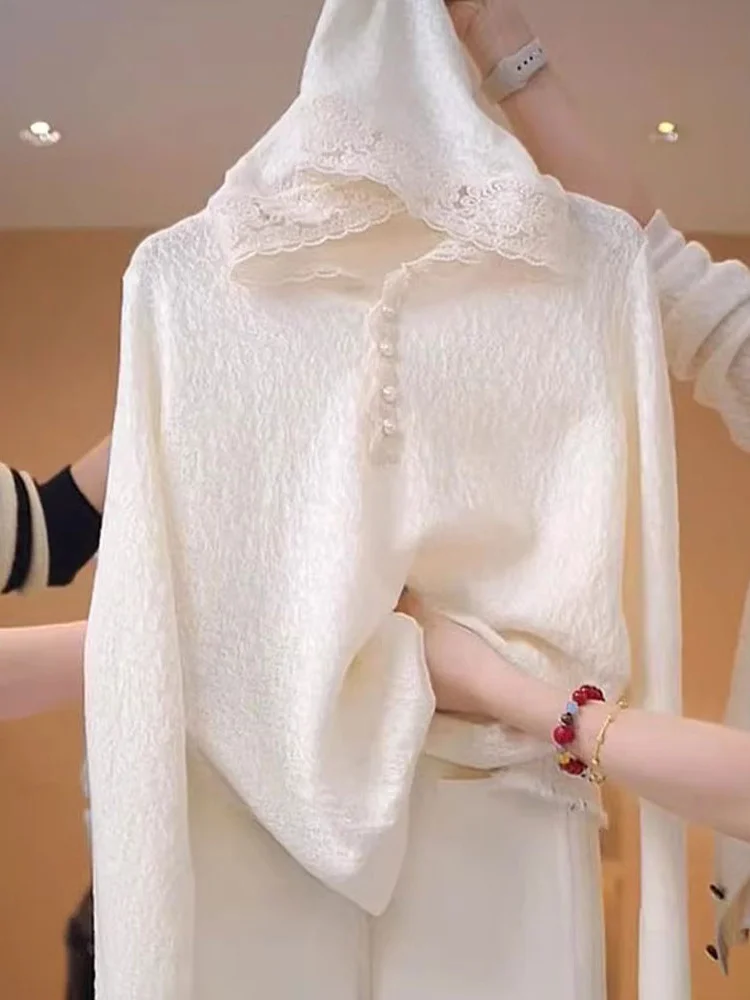 Maglione lavorato a maglia lungo Sve con cappuccio in pizzo Ele Casual Pendolarismo Strato base versatile Top Faion premium da donna Sle coreano