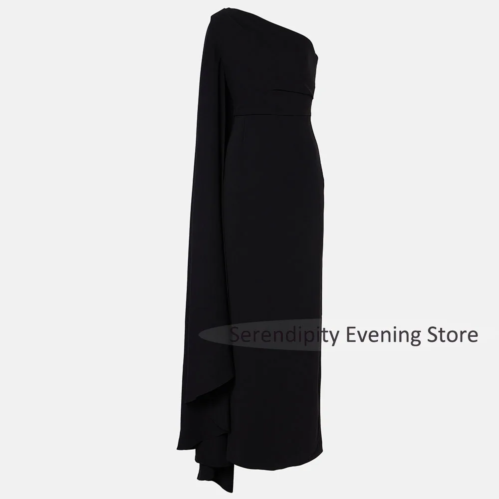 Abiti da festa da sera neri per donna 2025 Abiti da sera a colonna con maniche a mantella monospalla Maxi abito da ballo arabo saudita con spacco sul retro