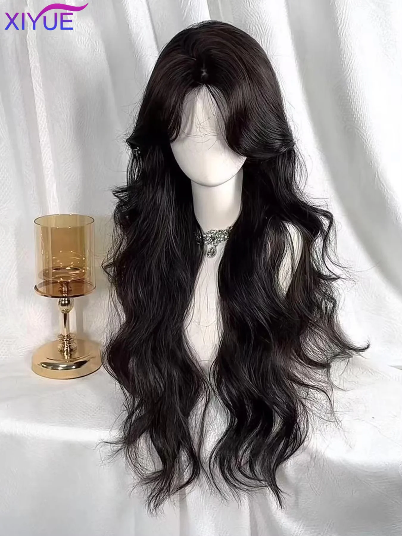 XIYUE 75 cm superlange schwarze gewellte synthetische Perücken mit Pony für Frauen, Afro Dark Water Wave, Cosplay, Naturhaar-Perücke, hitzebeständig
