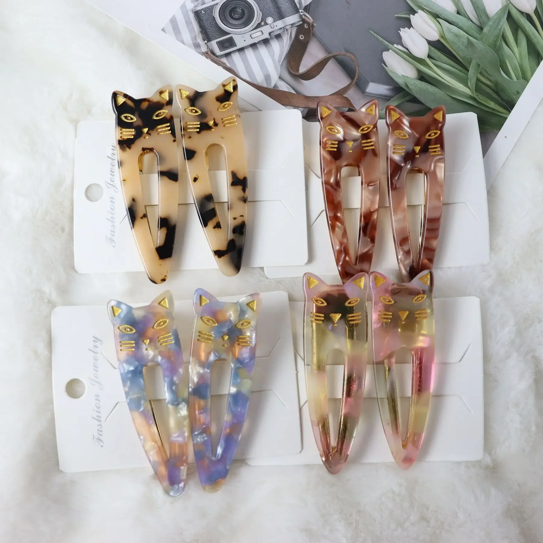 2Pcs/Set Hairpins Cute Cat Acetate Hair Clips Headband For Women Girls Water Drop Leopard Print Barrettes Hair Accessories Gift