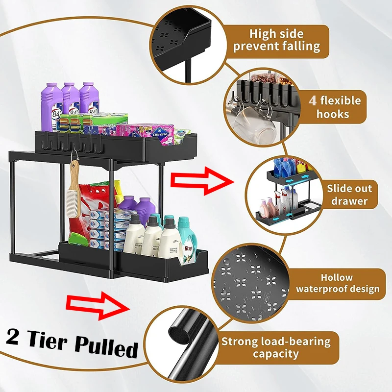 Imagem -02 - Duplo Deslizando sob os Organizadores da Pia Armazenamento Que Economiza Espaço Organizador de Armário Lavável de Cozinha com Ganchos sob a Prateleira da Pia Camadas