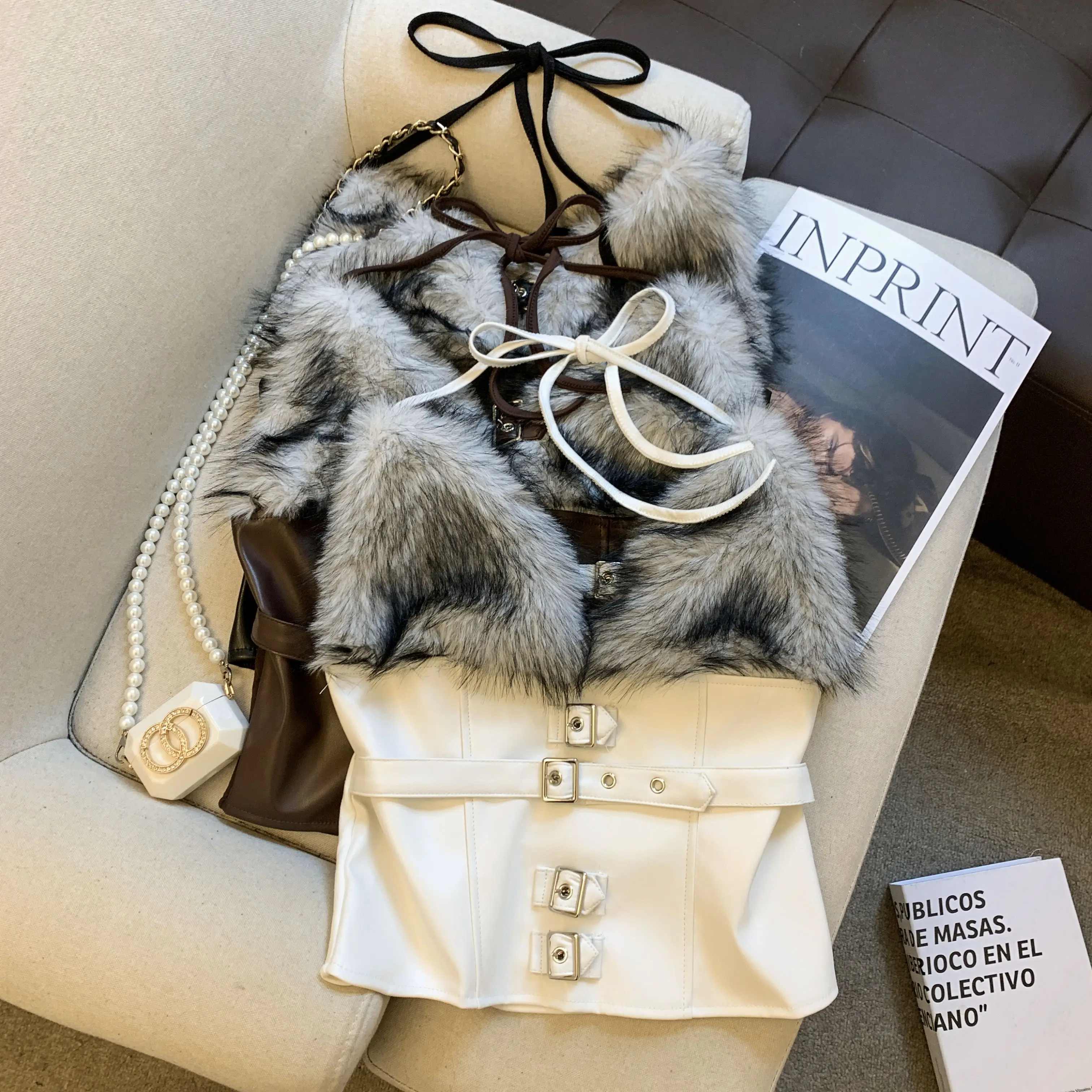 

ALPHALMODA 2026, New In, PU Top, Furry Splicing, Buckled Waist, Sleeveless Top, Backless, Slim Fit, Chic Crop Top, Camis