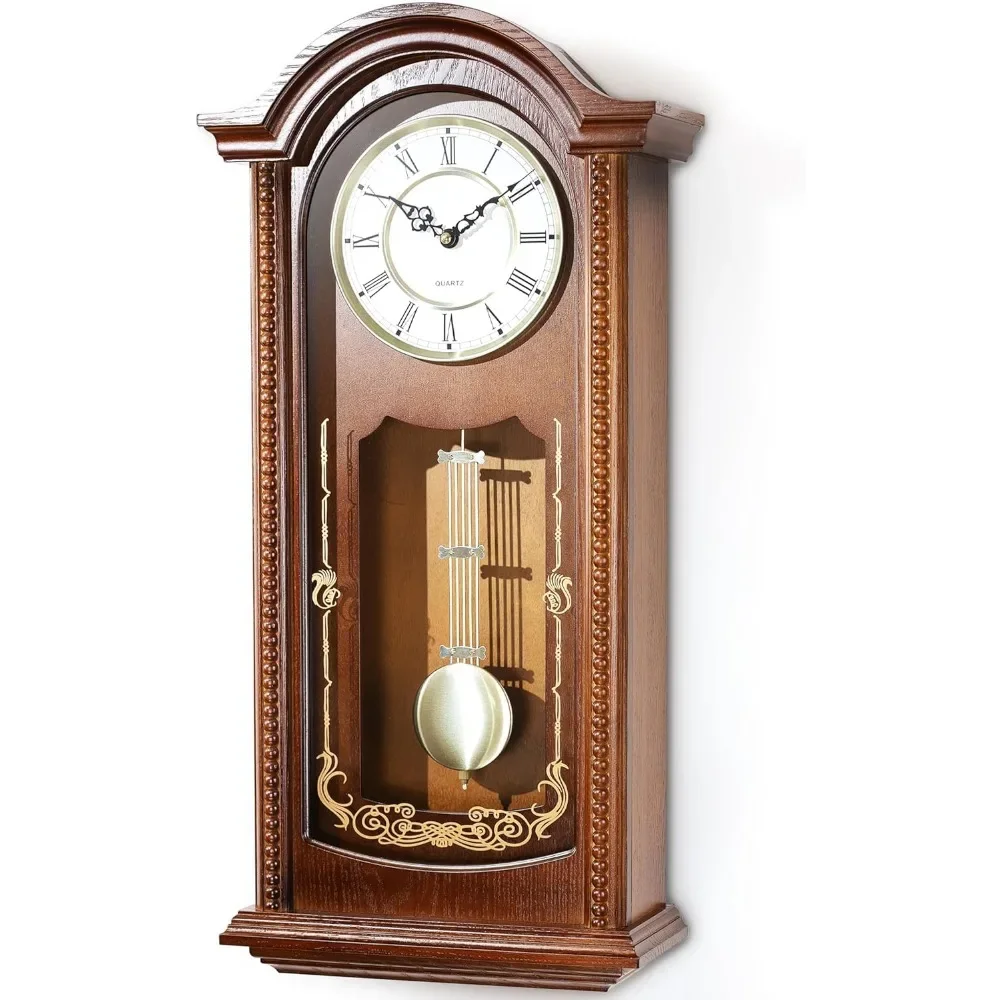 26IN Grandfather Vintage Wall Clock with Pendulum and Chime, Hour/Quarter-Hour Chime, Elemwood Frame, Large Vintage Wall Clock