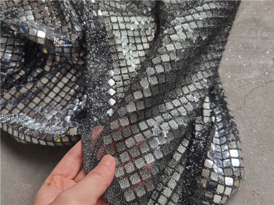 Checker Sequined Fabric Silver Reflective DIY Party Stage Backgound Decor Skirts Dress Metallic Clothes Designer Fabric