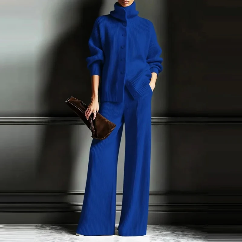 Señora Simple Slim 2 piezas moda cuello alto manga larga suéter de punto y pantalones conjuntos Otoño Invierno sólido nuevo viaje trajes cálidos