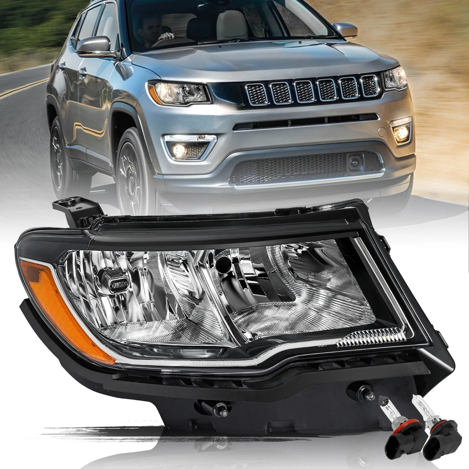 

Fits 2017-2021 Jeep Compass Halogen Headlight OE Style Right Passenger RH w/Bulb