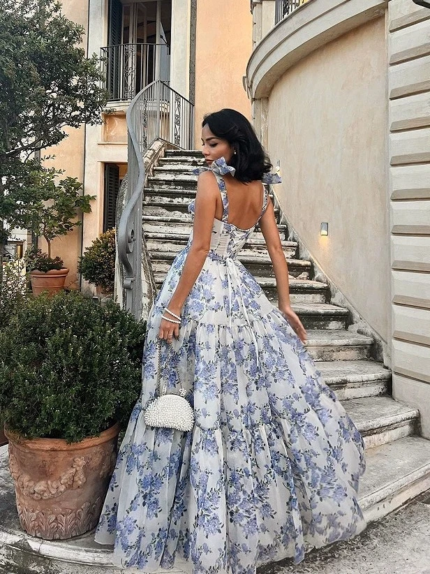 Długie sukienki dla kobiet z nadrukiem kwiatowym Spaghetti Strap High Waist Large Skirt Hem Ladies Maxi Dress 2023 Summer Boho Beach Party