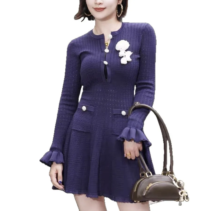 Dark Blue Hollow Ruffle Dress Long Sleeve Office Ladies Elegant Mini Dress