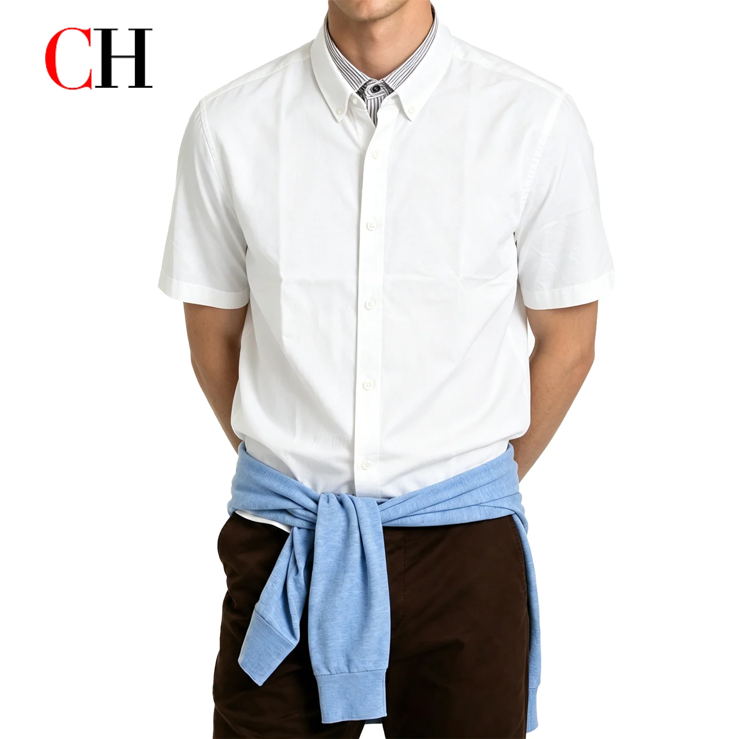 

CH Men Smart Casual Button Down Collar Short Sleeve Shirt Tone On Tone Embroidery Versatile Office Daily Wear