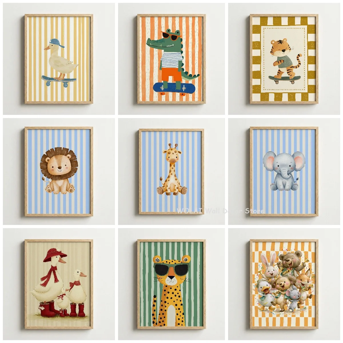 Skateboard-Ente & Cooler Gepard Leinwanddruck Gestreiftes Tier Elefant Giraffe Löwe Kinderzimmer Wandkunst Poster für Moderne Heimdekoration