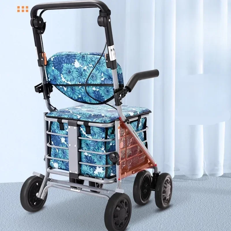 Foldable Elderly Pushcart Sturdy Carbon Steel Shopping Cart Braking Wheels Large Size Storage Basket Durable Walking Aid Seat