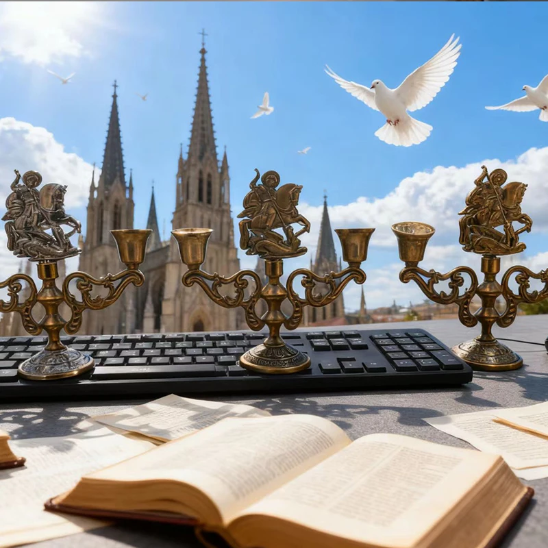 Neuer dreifarbiger St.-Georgius-Altar-Kerzenhalter mit Doppelbechern für Kirchenliturgie, Gebet, religiöse Andacht, christliche Dekoration, Geschenk – Detail 1