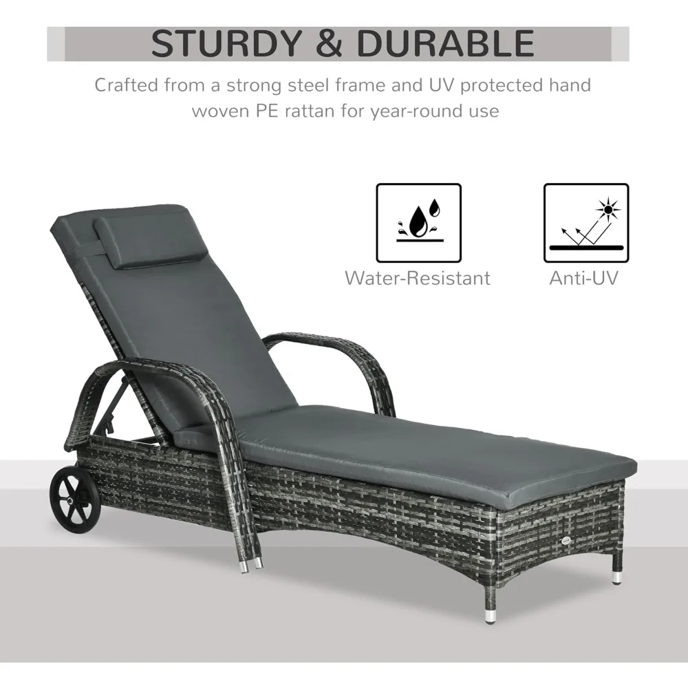 Conjunto de 2 espreguiçadeiras de vime para exterior, encosto ajustável de 5 níveis, espreguiçadeira de piscina de vime PE com rodas, almofada e encosto de cabeça,