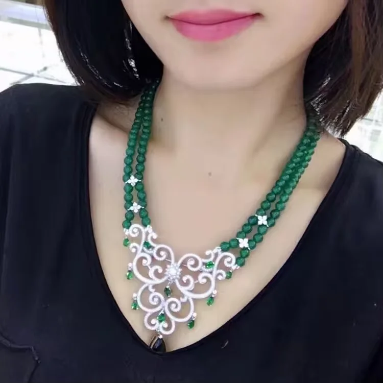 

19" 2 Rows 6mm Round Green Agates Necklace Silver Color Plated CZ Pave Pendant