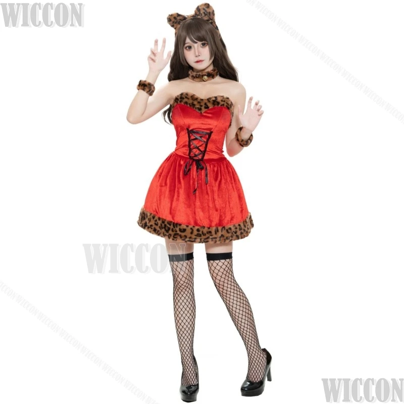 2024 Boże Narodzenie Leopard Print Sexy Red Dress Cosplay Costume Suit Hat Socks Furry Cute Women Girl Halloween Role Play Customized