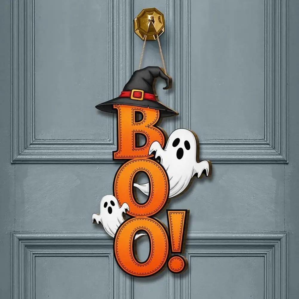 Festive Door Hanging Sign Halloween Boo Ghost Door Hanger Sign Wooden Front Porch Plaque Cute Witch Hat Wall Decor for Indoor