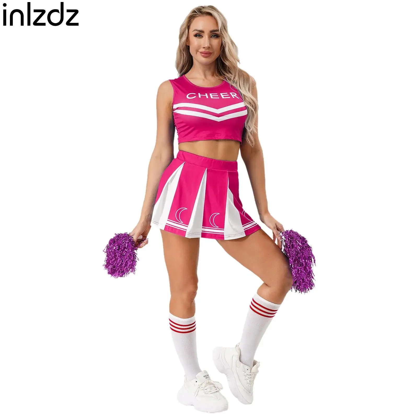 

Womens Cheerleading Uniform Dance Costume Sleeveless Crop Top+Pleated Skirt+Accessories Set for Carnival Halloween Cosplay Party