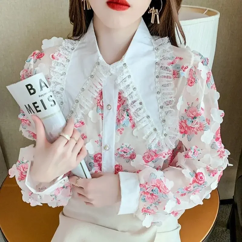 Sweet Peter Pan Collar Lace Diamonds Floral Shirts Women's Clothing 2024 Autumn Loose Korean Tops Office Lady Blouses N790