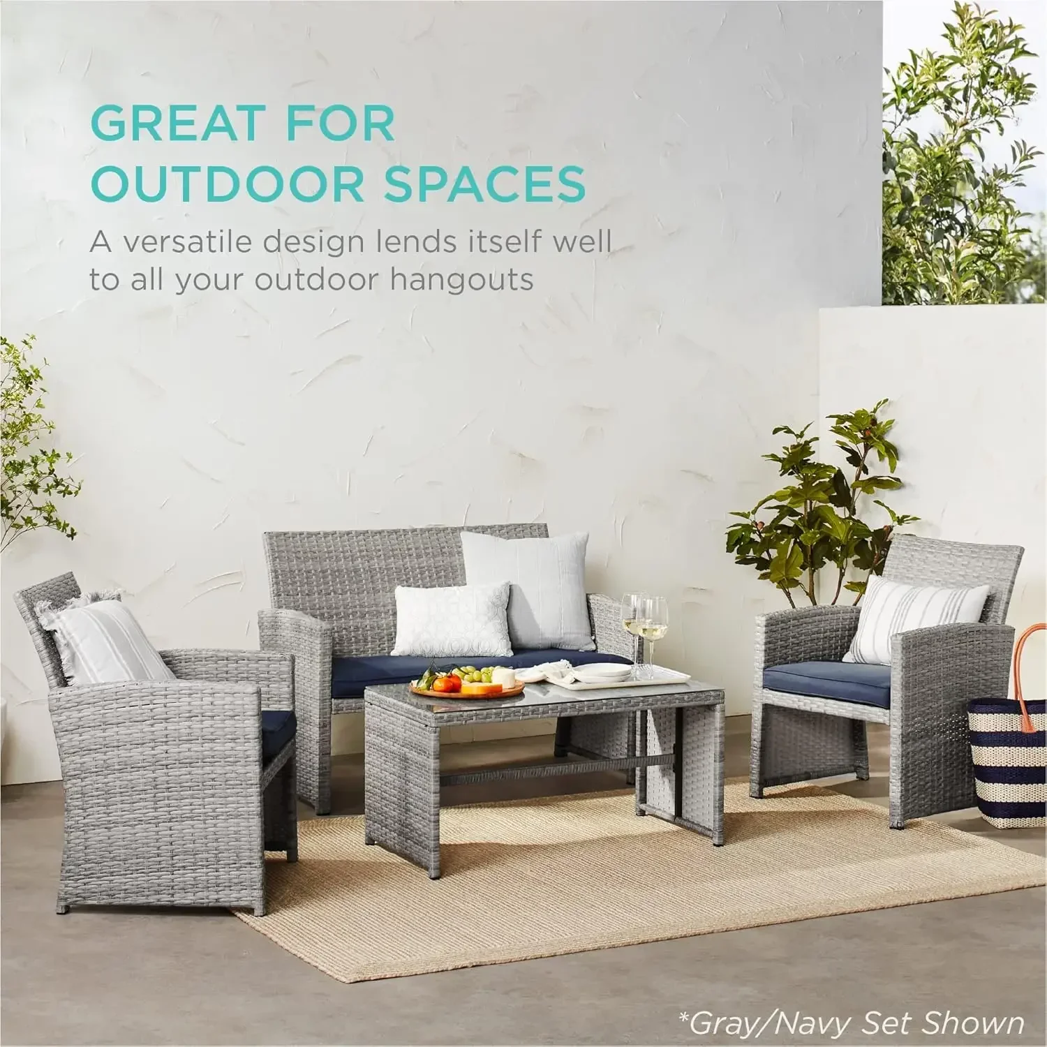 4-Piece Outdoor Wicker Patio Conversation Furniture Set for Backyard w/Coffee Table, Seat Cushions - Gray/Cream