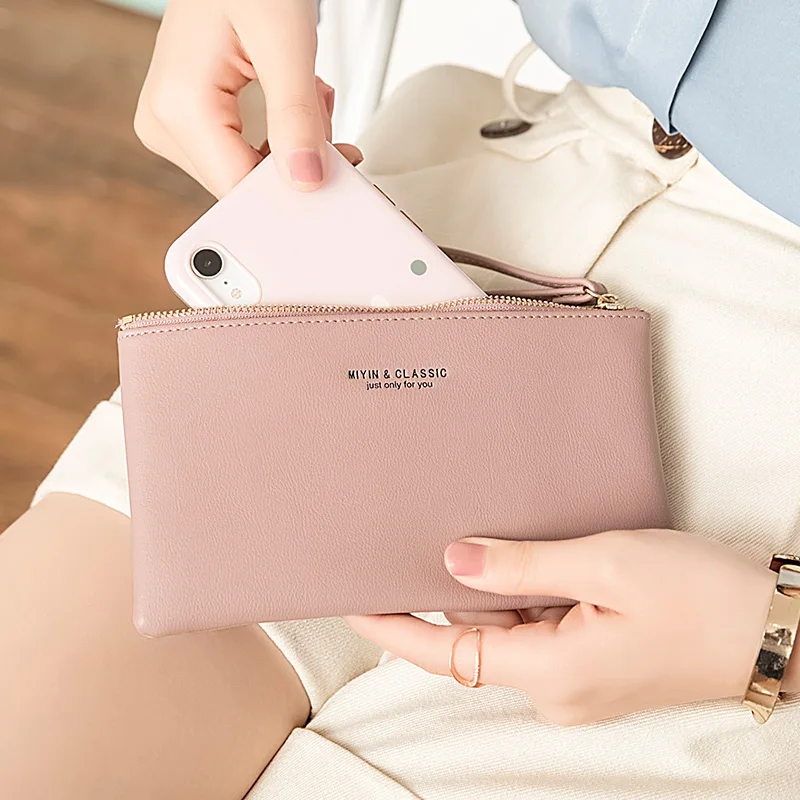 New minimalist zipper coin wallet high-quality PU leather credit card phone storage bag ultra-thin women's long wallet handbag