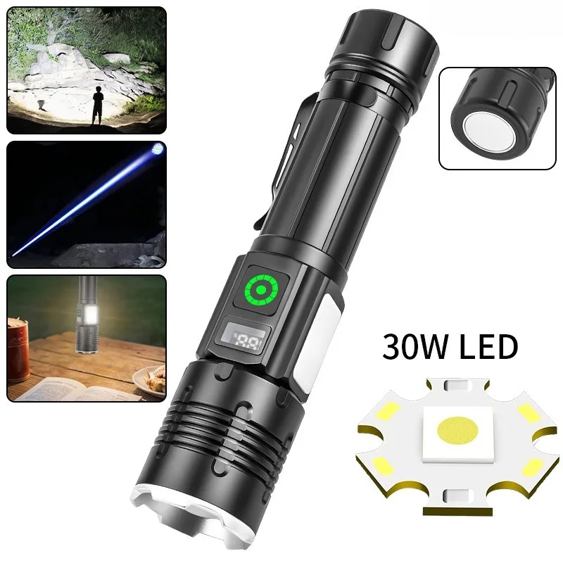 Super Bright LED Flashlight COB Light Type-C Rechargeable Zoom Bottom Magnet Digital Display with Pen Clip for Outdoor Camping