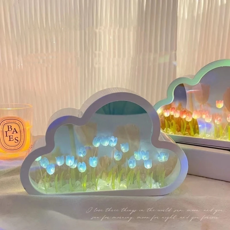 DIY Sea of ​​Flowers Tulips Night Light Cloud Mirror الديكورات الجميلة الزنبق مرايا الزنبق ضوء الليل للفتيات في سن المراهقة M4YD