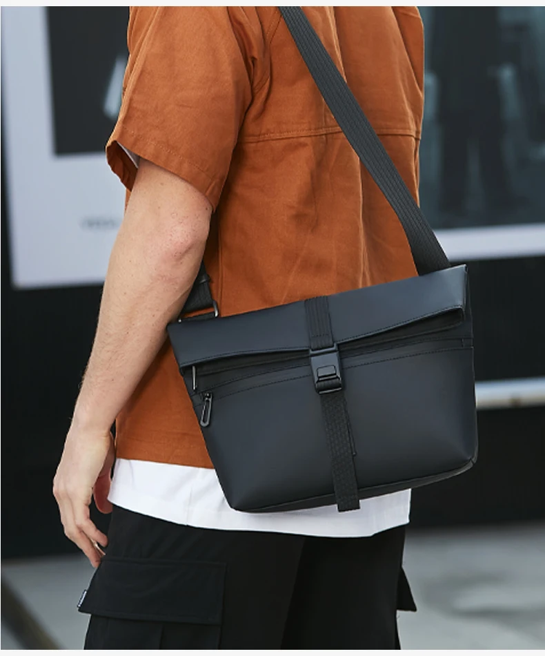 HcanKcan Umhängetasche für Herren, wasserdichte Umhängetasche, passend für 13-Zoll-Laptops, Hüfttasche, große Kapazität, Messenger-Tasche, schwarze Seitentasche – Detail 3