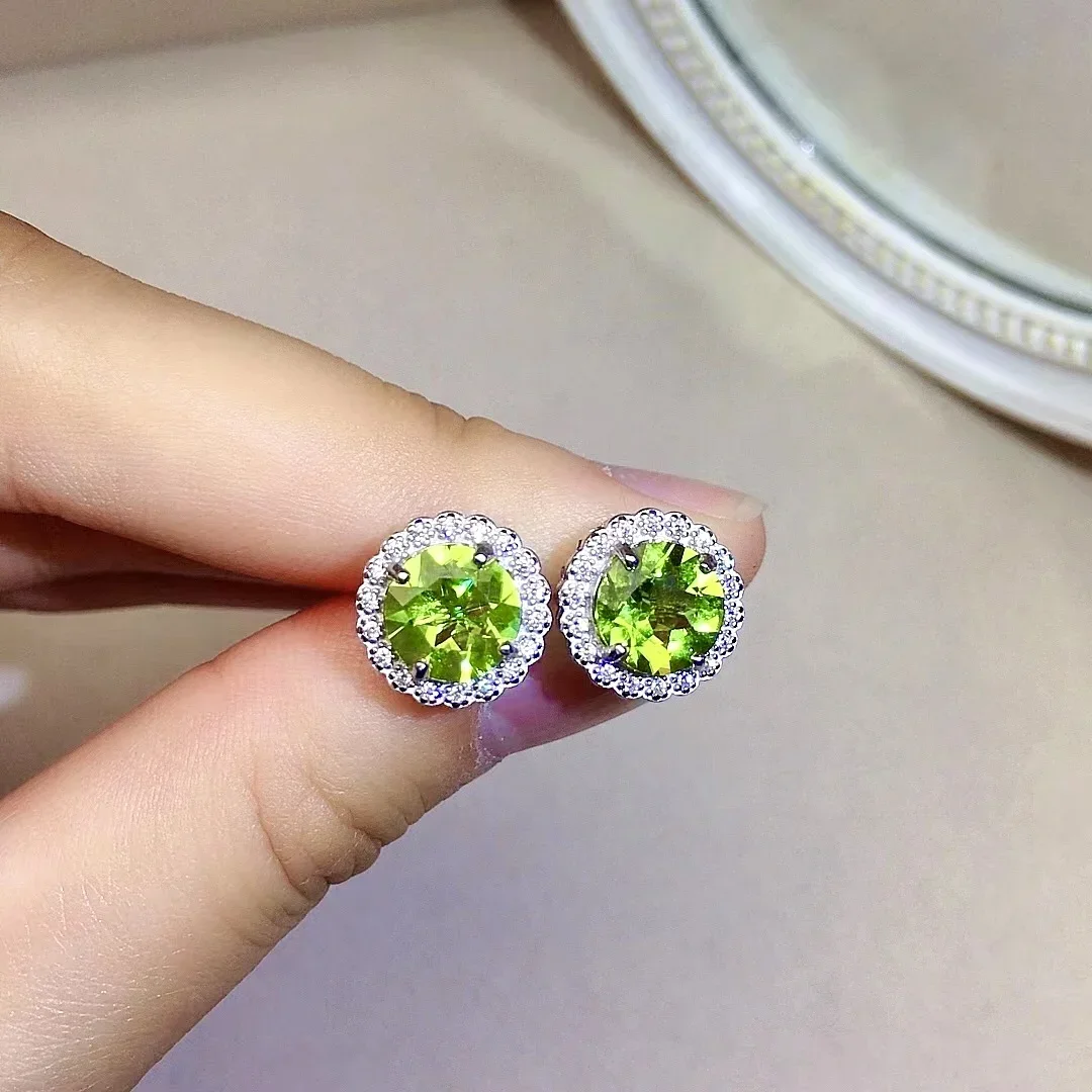 Natural Peridot Stud Earrings 8mm VVS Grade  for Office Woman Classic Silver Peridot Earrings Solid 925 Silver Peridot Jewelry