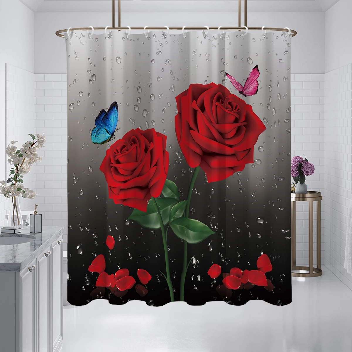 

Штора для душа, 180x180 см, с принтом в виде роз и бабочек