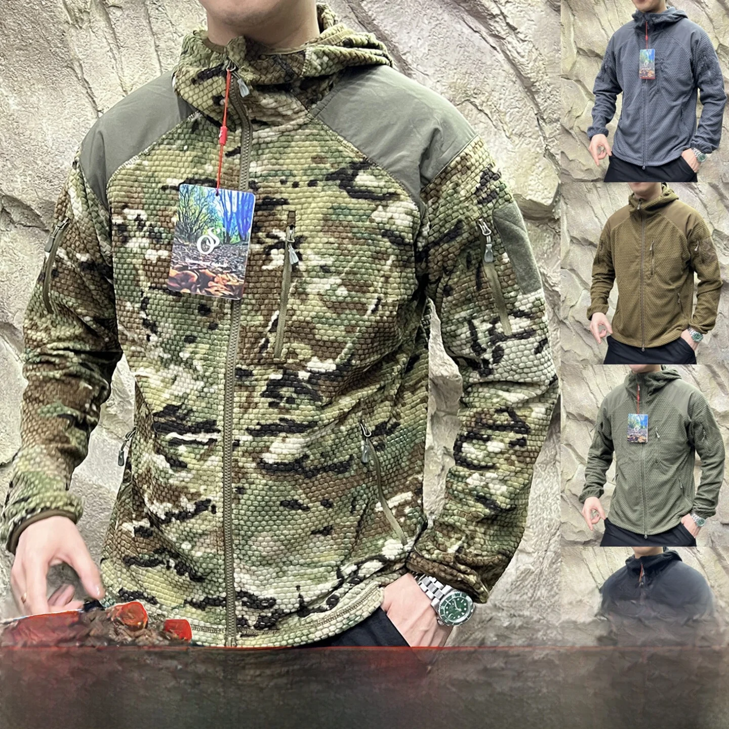 

Outdoor Tactical Fce Jaet Lightweight Warmth Middle Layer Hooded Coat for Men Autumn Winter Functional Polyester Fiber