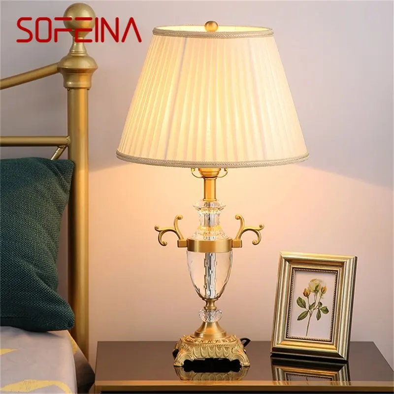 SOFEINA Crystal Table Lamp Brass Desk Light Modern Fabric Decorative For Home Living Room Bedroom Office Hotel