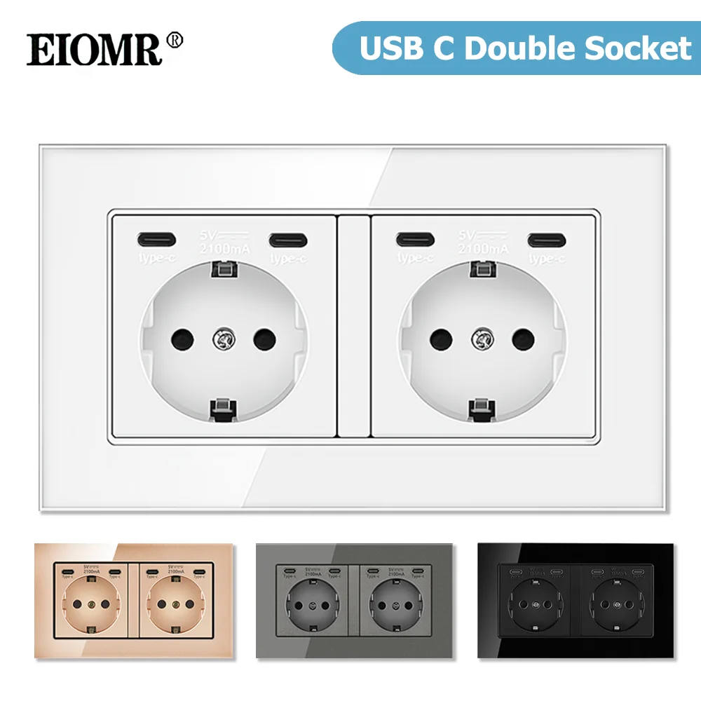 EIOMR EU 표준 USB-C 전원 이중 소켓, AC 250V 16A 매립형 벽면 콘센트, 5V 2.1A 포트 전기 콘센트