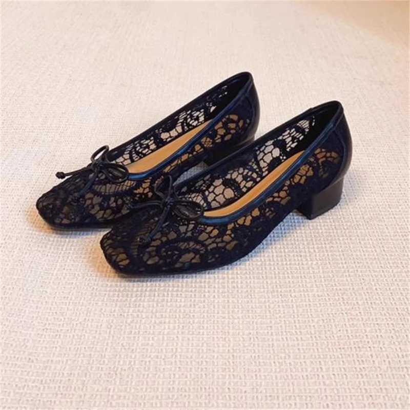 

Lace Shoes for Womens Square Toes Ladies Butterfly-knot Chunky High Heels Shallow Mary Janes Mesh Zapatos Sewing Chassure Femme