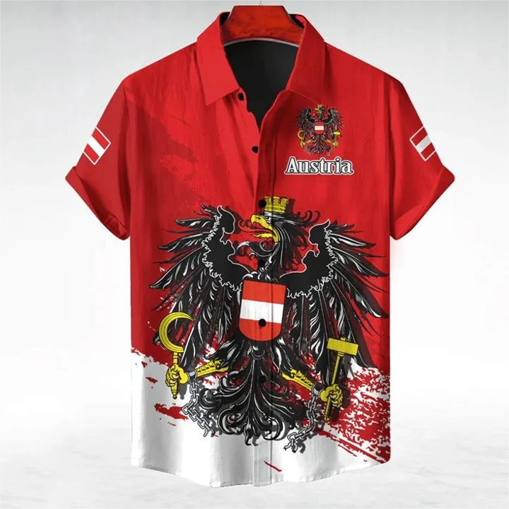 Austria Flag Map Graphic Short Sleeve Shirts For Men Clothes National Emblem Eagle Blouses Hawaiian Lapel Blouse Sport Jersey