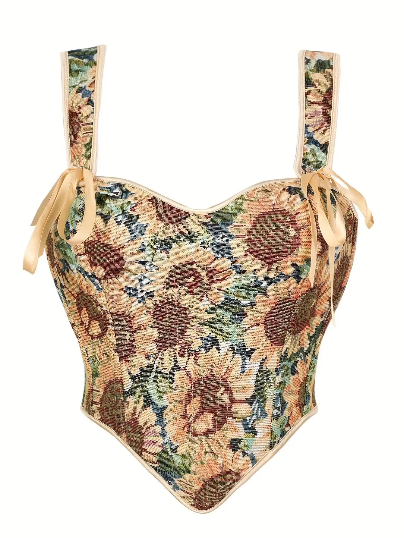

Retro sunflower pattern jacquard shoulder strap back tie on slim fit outerwear belted corset