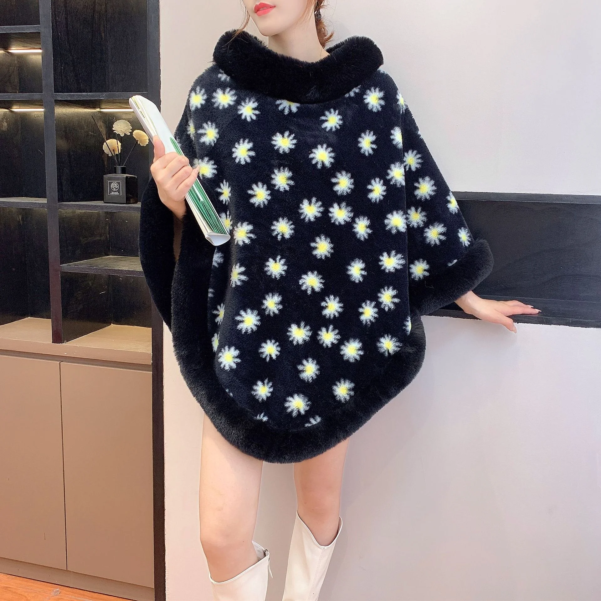 

Autumn Winter Plu Women's Long Sve Hooded Jaet Floral Print Warmth Faionable Versatile Polyester Fur Collar Coat