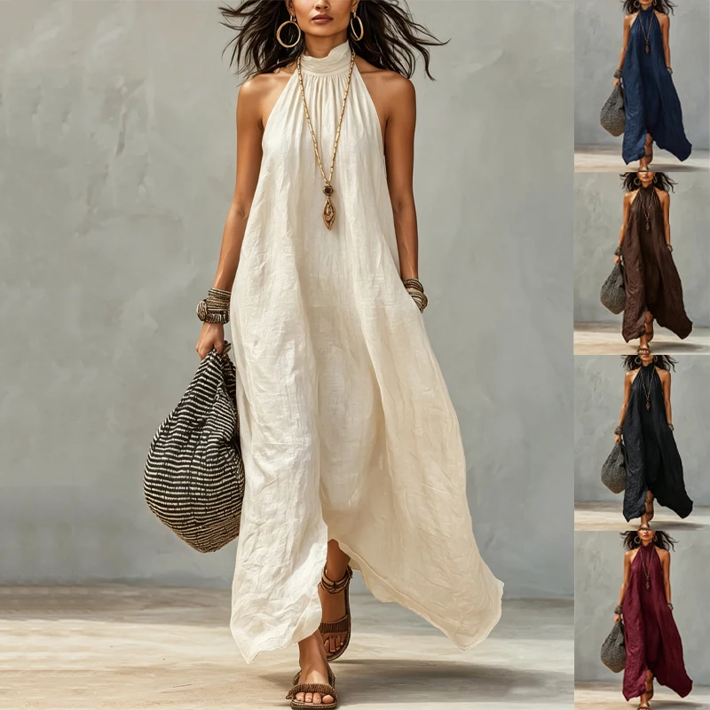 Boho Women Halter Neck Maxi Dress Sleeveless Loose Linen Texture Long Dress Casual Solid Color Beach Vacation Sundress
