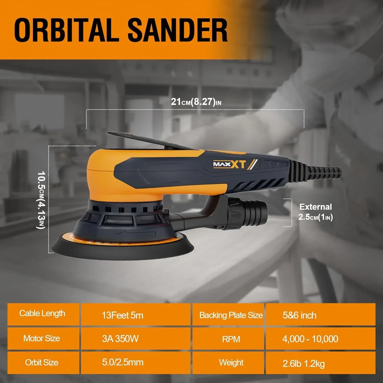 Electric 5mm Random Orbital Sander with Tool Case, Palm Sander with Brushless Motor, 5&6Inch Sanding Pads, Central Vacuum, Sande