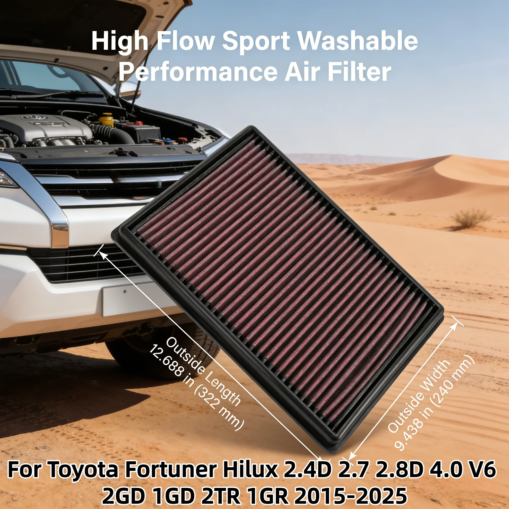 

Для Toyota Fortuner Hilux 2.4D 2.7 2.8D 4.0 V6 2GD 1GD 2TR 1GR 2015-2025: Система впуска воздуха с высокопроизводительным воздушным фильтром, замена 33-3045