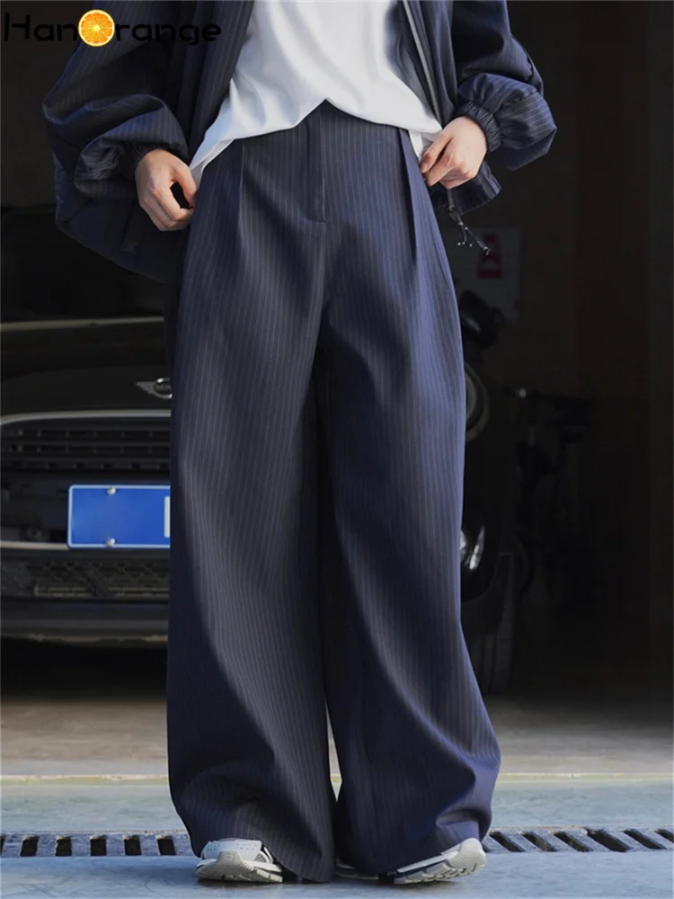 HanOrange 2024 Spring Fashion Wide Leg Stripe Pants Women Loose Straight Cool Pants Female Navy/Gray